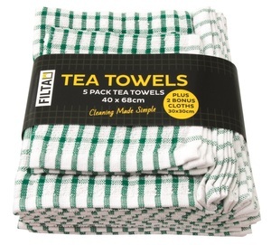 Tea Towel Terry Cotton + Dishcloth Set Green, Pack 6 - Filta
