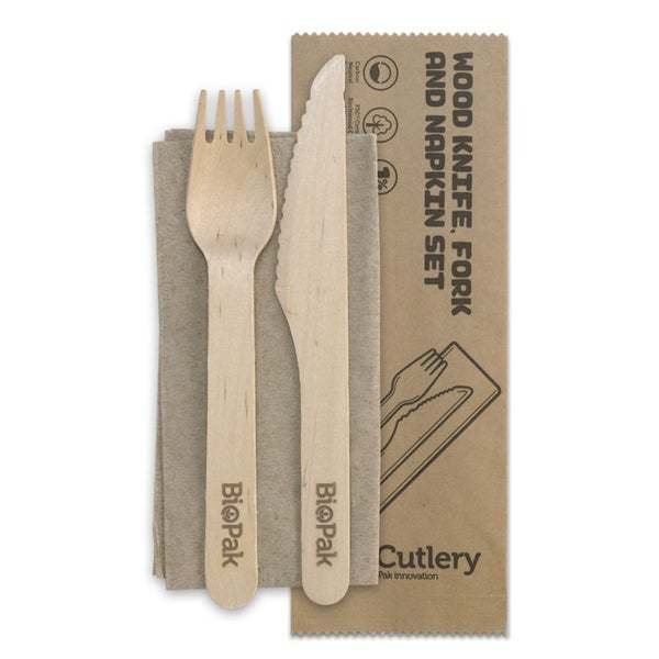 16cm Wooden Knife, Fork & Napkin Set  Coated - BioPak