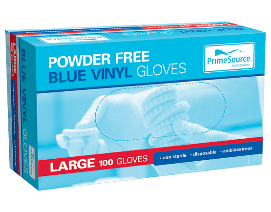 Vinyl Gloves LARGE, Powder-Free, Blue - Primesource