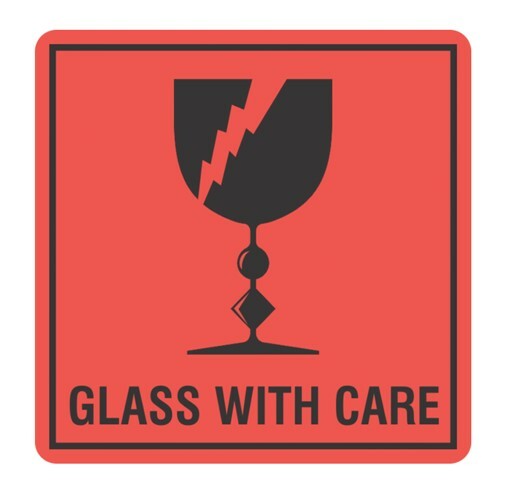 Glass with Care Handling Label - Orange/Black, 99mm x 99mm - Matthews