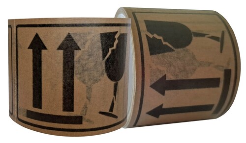 Paper Labels on roll THIS WAY UP/FRAGILE Black on Brown 72mm x 50m - Pomona