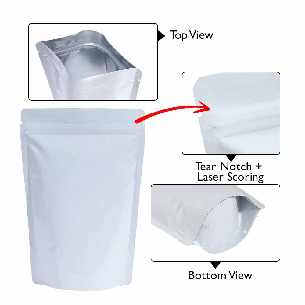 Stand Up Pouch 3kg Shiny White both sides with Zip, No Valve, 300w x 500h x (75 + 75)g