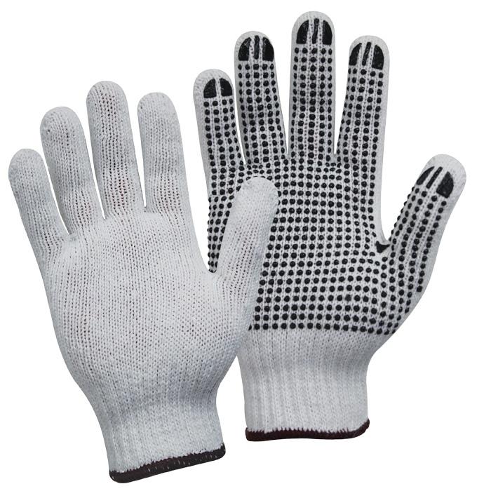 Polycotton Gloves, Black PVC Dots, Large, White Pack 12 Pairs with Header - Bastion