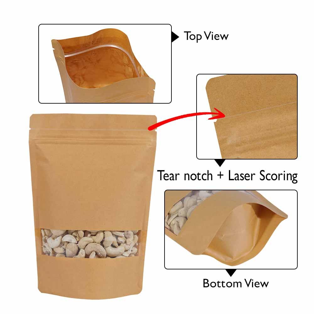 Stand Up Pouch Kraft Rectangle Window with Zip no Valve 50gm, Carton 1000 - SSP